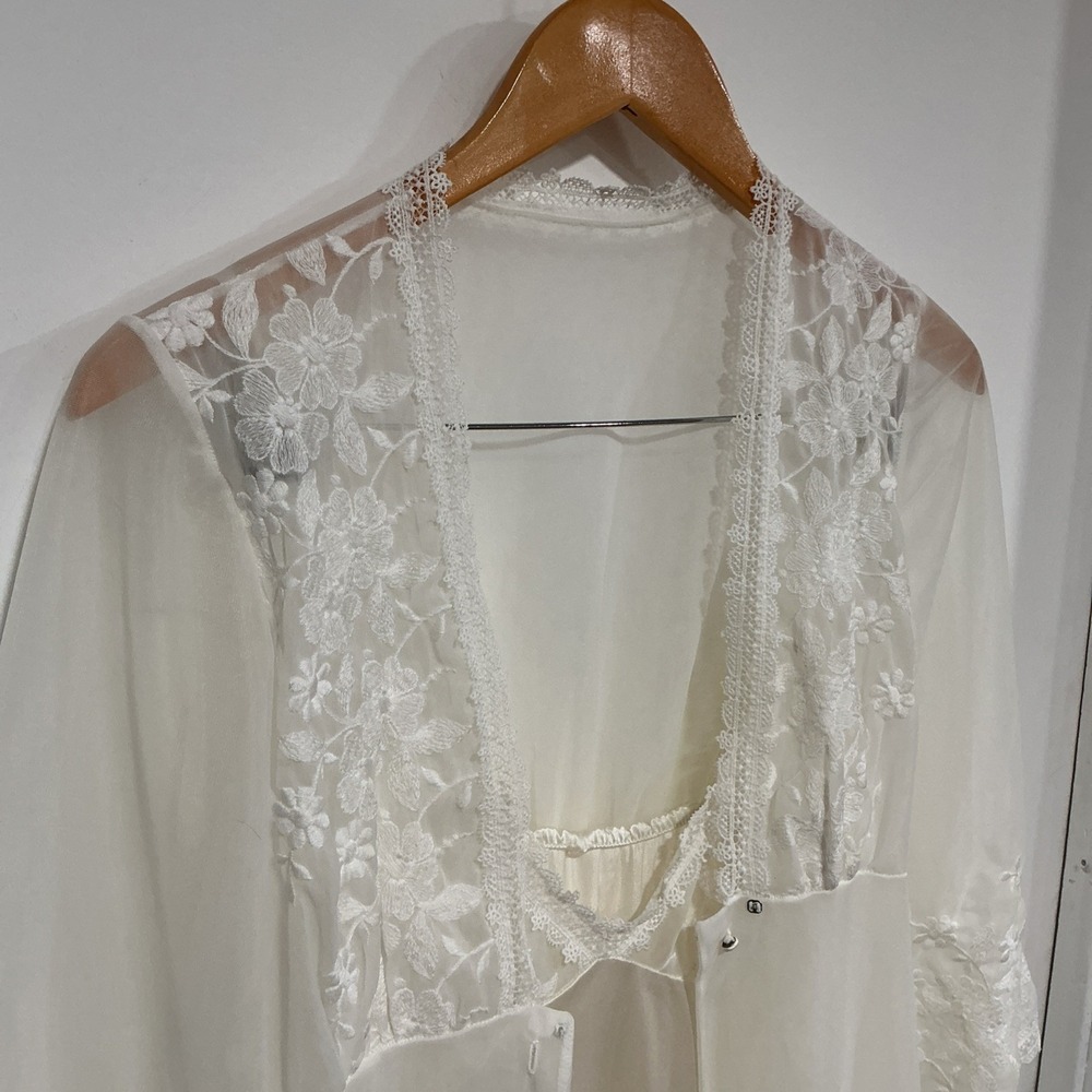 Vtg Unbranded Bridal Peignoir Set Ivory Nylon Lace Chiffon Size Small - Picture 3 of 15
